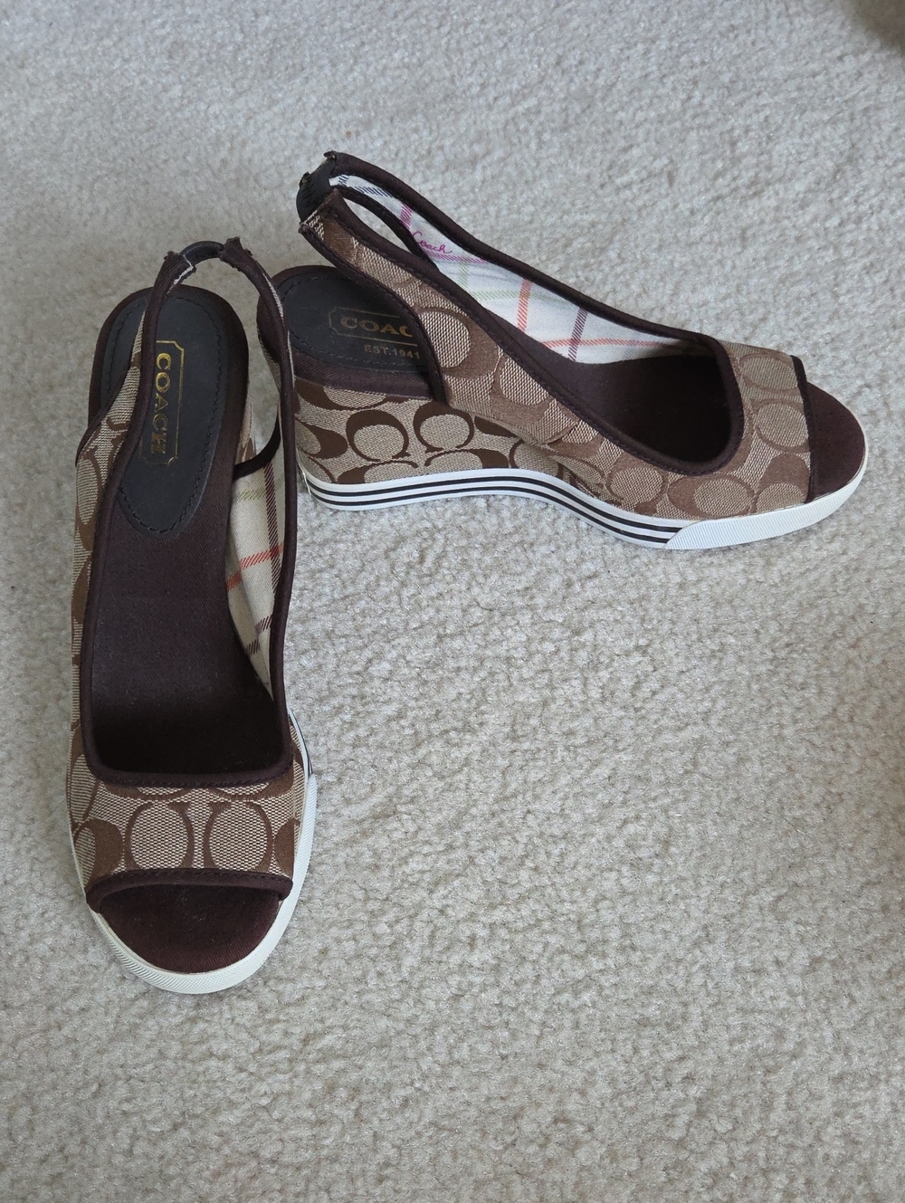 Nearly New Coach Sydney Signature Peep Toe Wedge Sandals In Brown & Tan